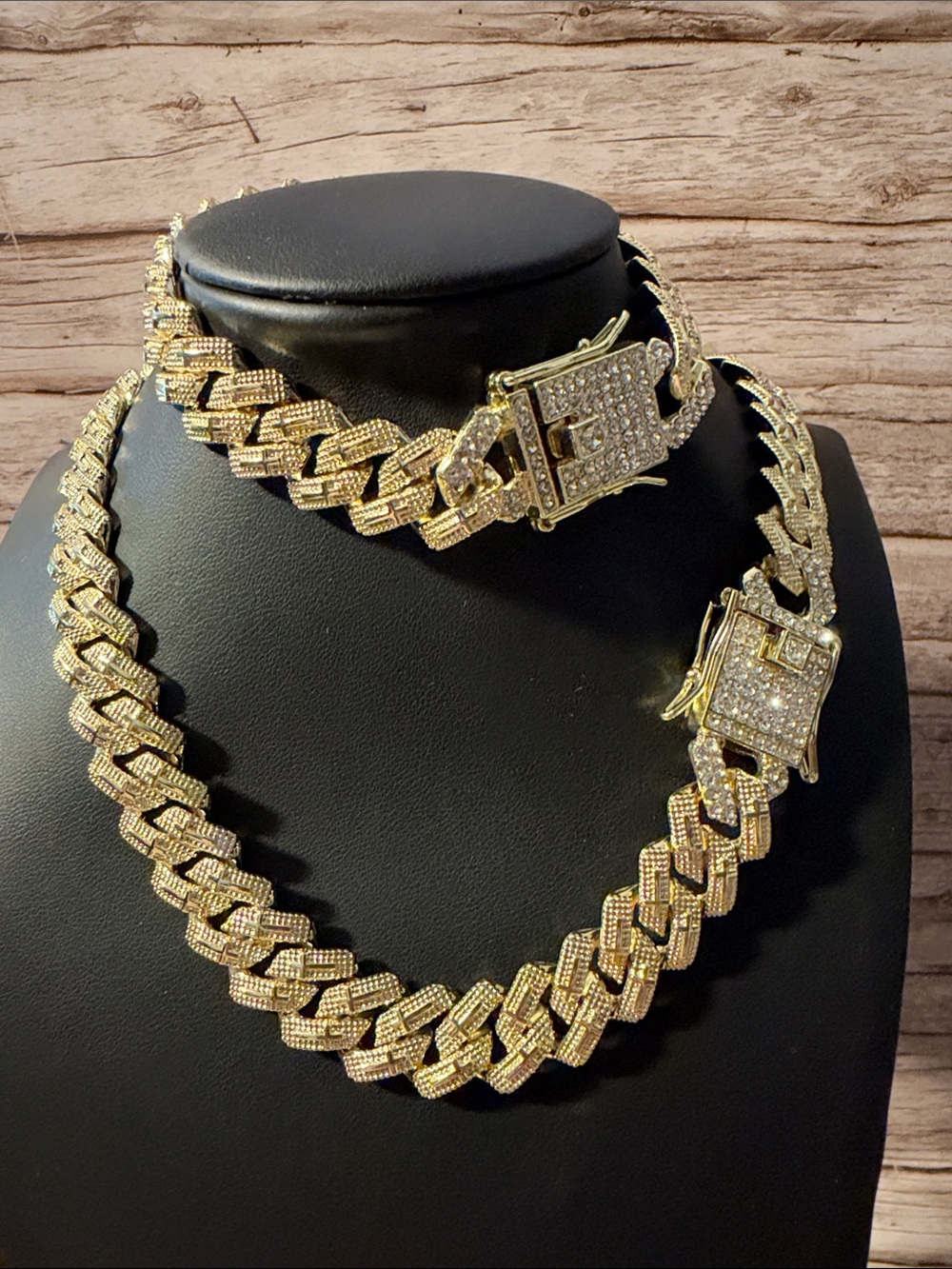 Gold Plated Iced Out Cuban Link Chain Necklace and Bracelet Set